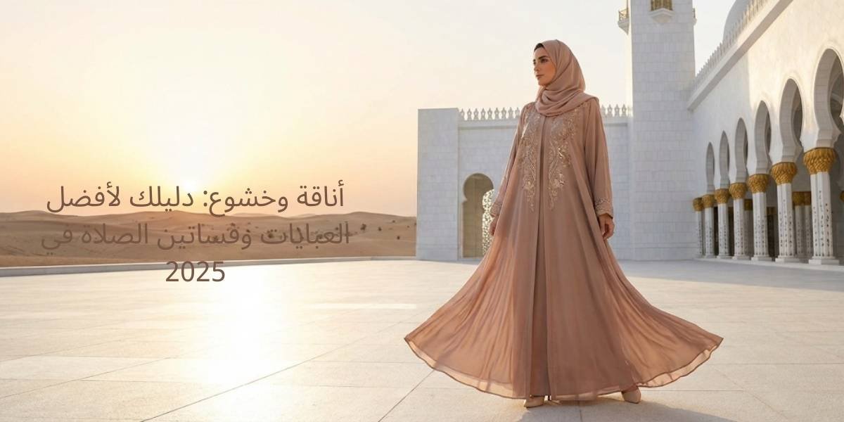 Elegant woman wearing a modern beige abaya in a mosque courtyard at sunset - Best Abayas and Prayer Dresses in KSA and UAE 2025