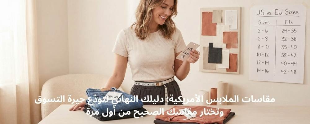 امرأة تقيس خصرها وتفحص ملصقات مقاسات الملابس الأمريكية مع جدول تحويل المقاسات في الخلفية