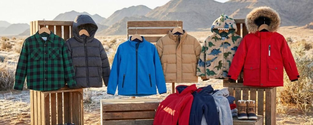 "تشكيلة متنوعة من أفضل جاكيتات شتوية للأولاد 2025، تضم معاطف البافر والفليس وتصاميم الديناصور المرحة، معروضة في أجواء شتوية خارجية."