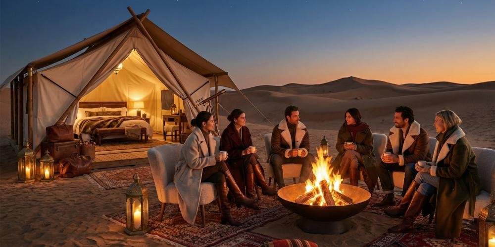 مجموعة من الناس تجلس حول موقد نار في مخيم صحراوي فاخر (جلامبينج) وقت الغروب، مع خيمة مضاءة ومجهزة بالكامل في الخلفية تحت سماء مرصعة بالنجوم.