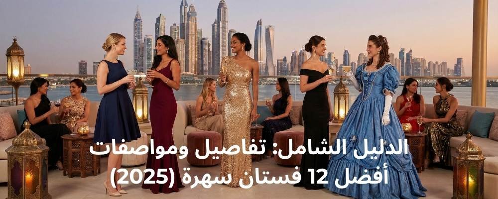 نساء يرتدين فساتين سهرة وكوكتيل متنوعة (A-Line، Bodycon، Sequined، Ball Gown) في جلسة فاخرة على خلفية بانورامية لمدينة دبي الحديثة وقت الغروب.